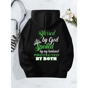 Women's Graphic Pullover Hoodie, Polyester Long-Sleeve Fitted Black Clothes, "Blessed by God Spoiled by My Husband" Religious Print, Casual Hooded Sweatshirt, Christmas Gift Top