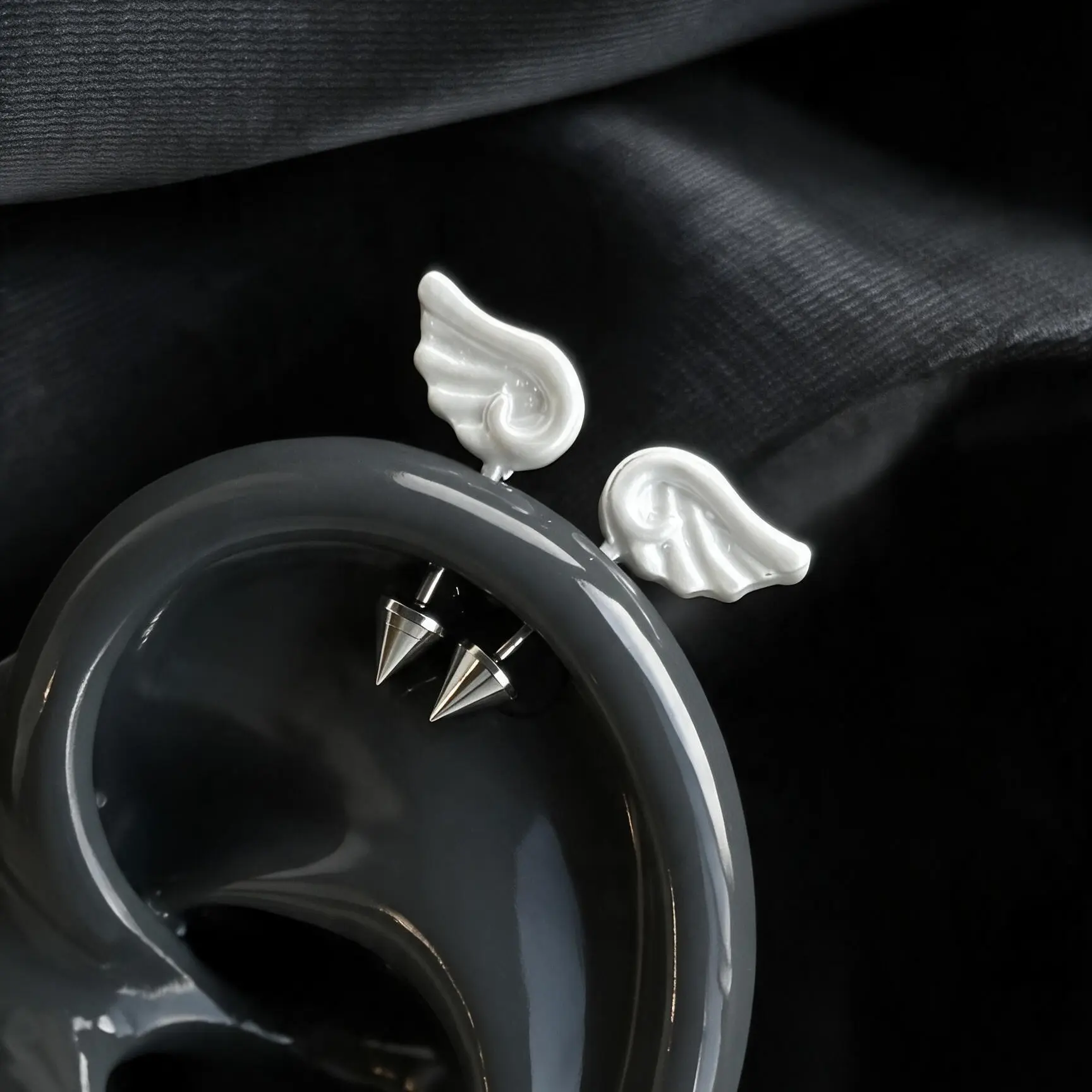 Angel Wing Cartilage Earrings Pair, White Wing & Silver Spike Stainless Steel Barbell Studs, Y2K Angelcore Helix Piercing Jewelry, Cute Gift for GF