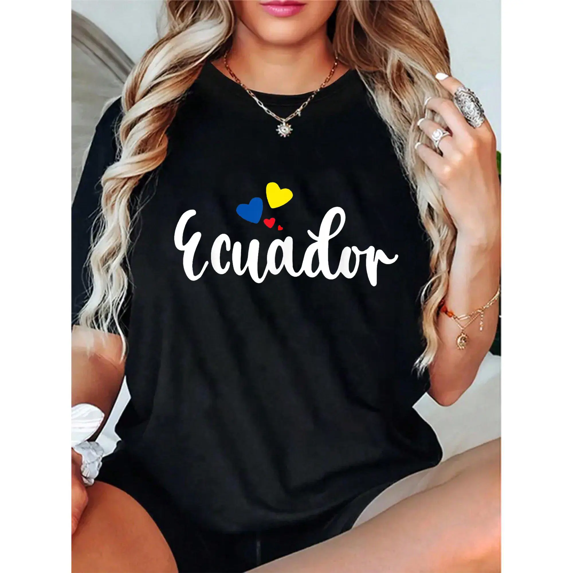 Women's 100% Cotton Comfortable Fabric Casual Tee Top Garment, Short Sleeve Crew Neck with Tropical Ecuadorian Pride Print for Vacation, Tshirts, Cold Wash, Shortsleeve, Fit, Lady, Round Neck, Casual Wear, Ecuador Pride