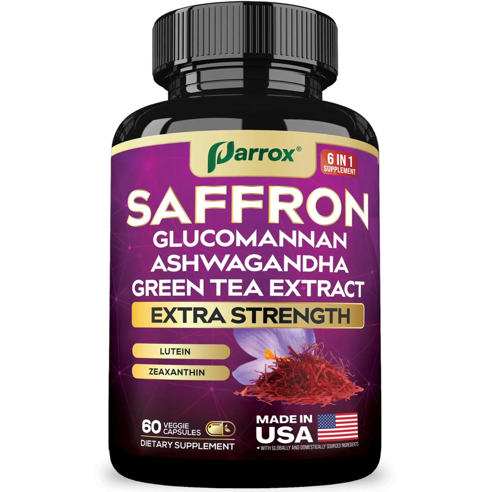 Parrox Saffron (6 in 1) Dietary Supplement - Mood, Vision & Wellness Support with Glucomannan, Ashwagandha, Lutein & Antioxidants - 60 Capsules - Made in USA