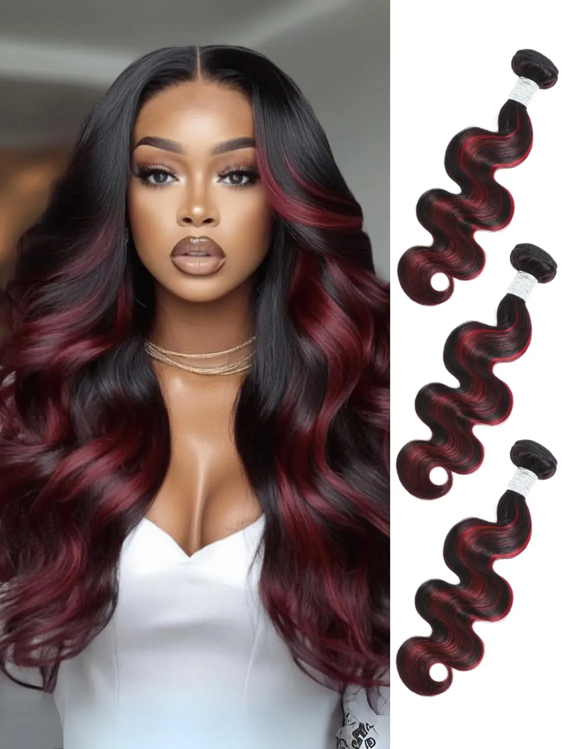 Burgundy Highlight Body Wave 3 Bundles Human Hair, 12A 100% Virgin Ombre Red 99J Burgundy and Black Colored Human Hair Bundles Thick Track F1B/Burgundy Brazilian Quick Weaves Sew In