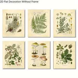 6pcs Frameless Vintage Botanical Wall Art Posters, 8x10inch Decor for Study Living Room, Artistic Prints of Plants Mushrooms, Leaf Floral Print, Retro - Inspired Educational Aesthetic