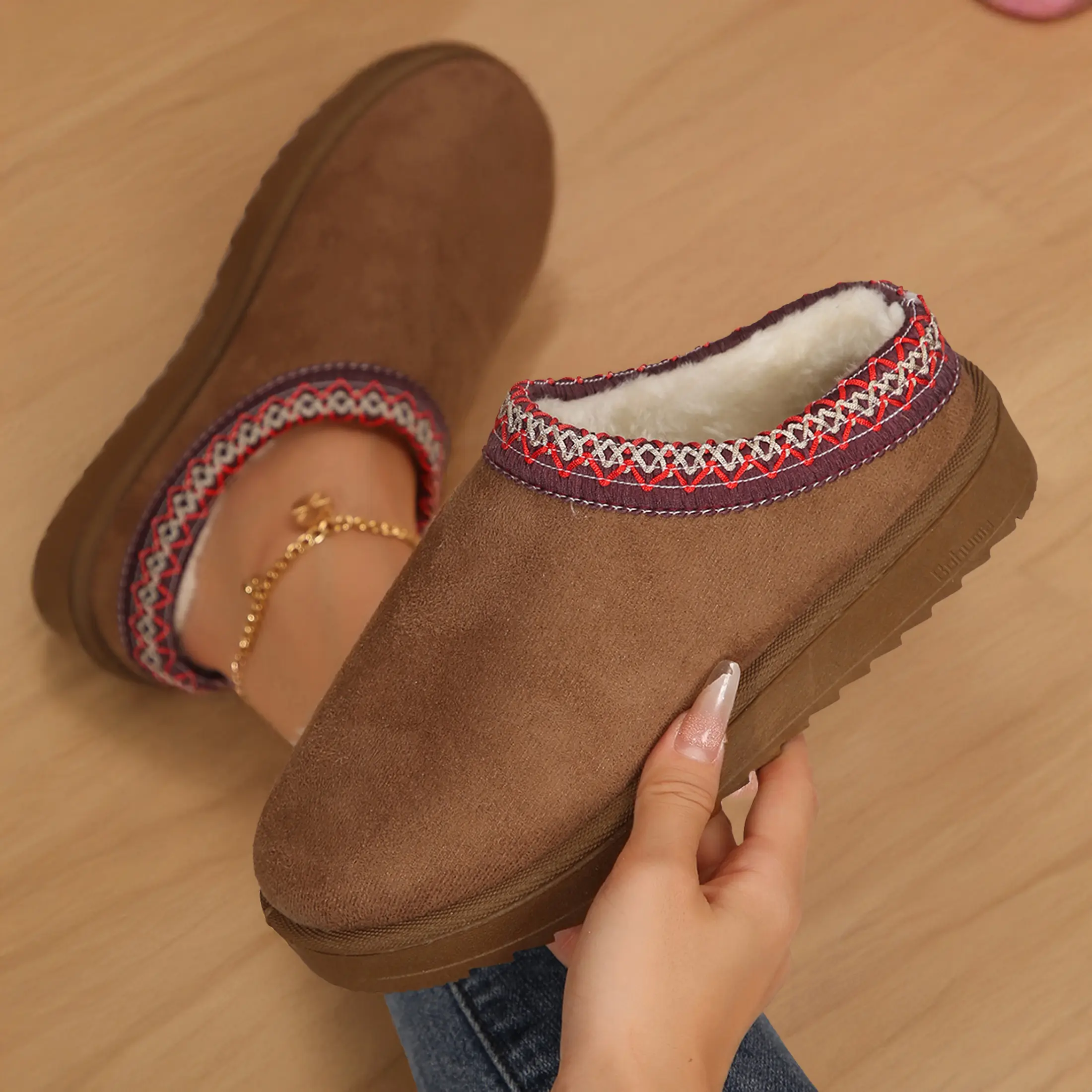 Women's Snow Boots Suede Slippers Rubber Sole Non-Slip Comfortable Indoor Outdoor Slippers Winter Booties
