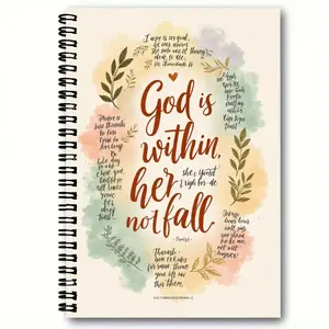 1pcs 50 page A5(8.6in *5.7in) Spiral-Bound Notebook, Spiral Bound Notepad with Off-White Cover, Watercolor Pastel Splashes (Green/Pink), Handwritten-Style Texts, 'God is within her, she will not fall' Red Cursive Phrase, Religious Verse Excer