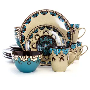 212 MAIN 16-Piece Unique Clay Heart Round Tableware Set - Tan & Blue Stoneware, Microwave-Safe Round Plates, Dishes & Cutlery Set (Elama EL-CLAYHEART16)