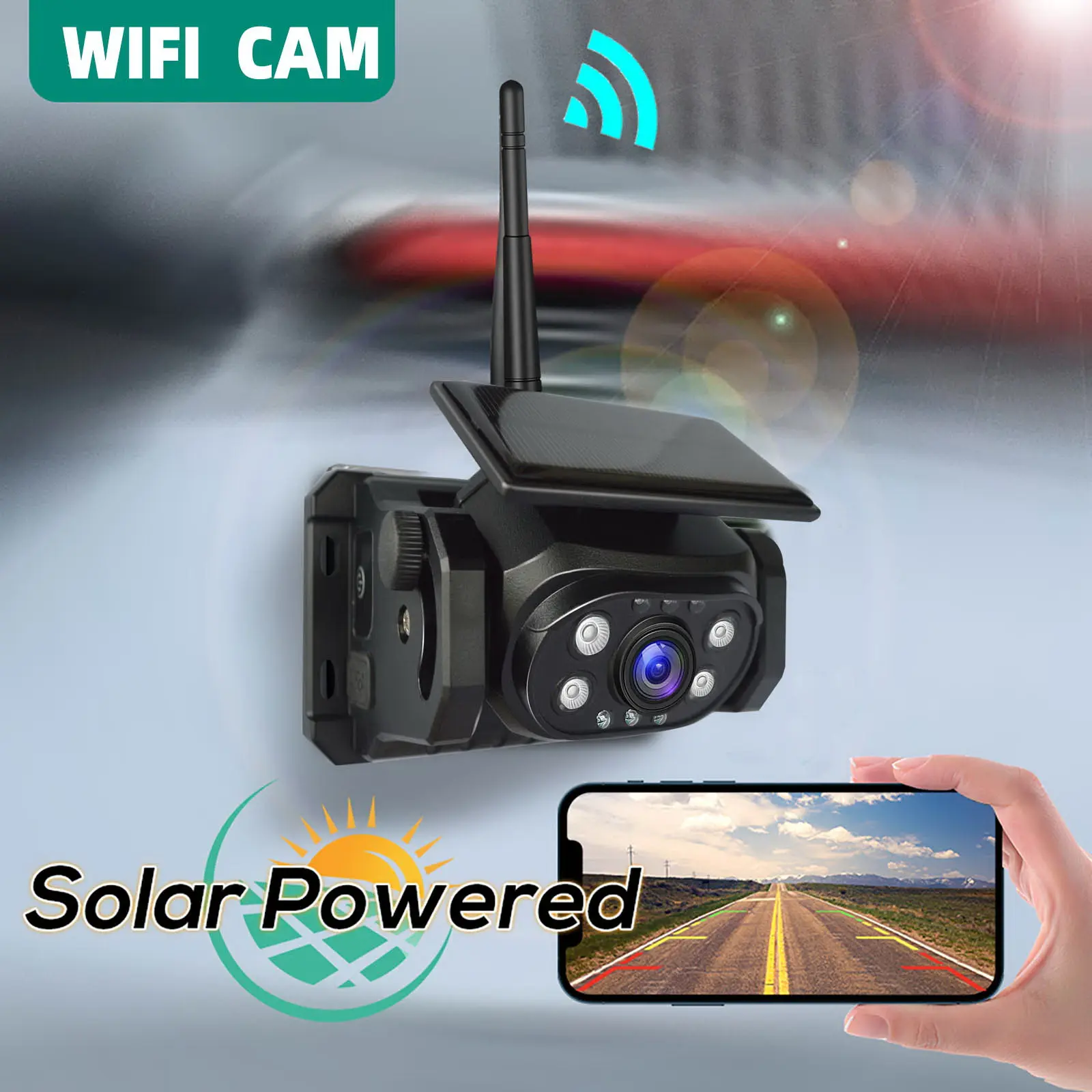 1080P Magnetic Solar Power Wireless WiFi Rear View Backup Camera Reverse Rear Camera iPhone Android APP Rechargeable Rearview Camera for Travel Trailer/Pickup/Van/Oversize Truck/Fifth Wheel/RV Camper/ Car Camera