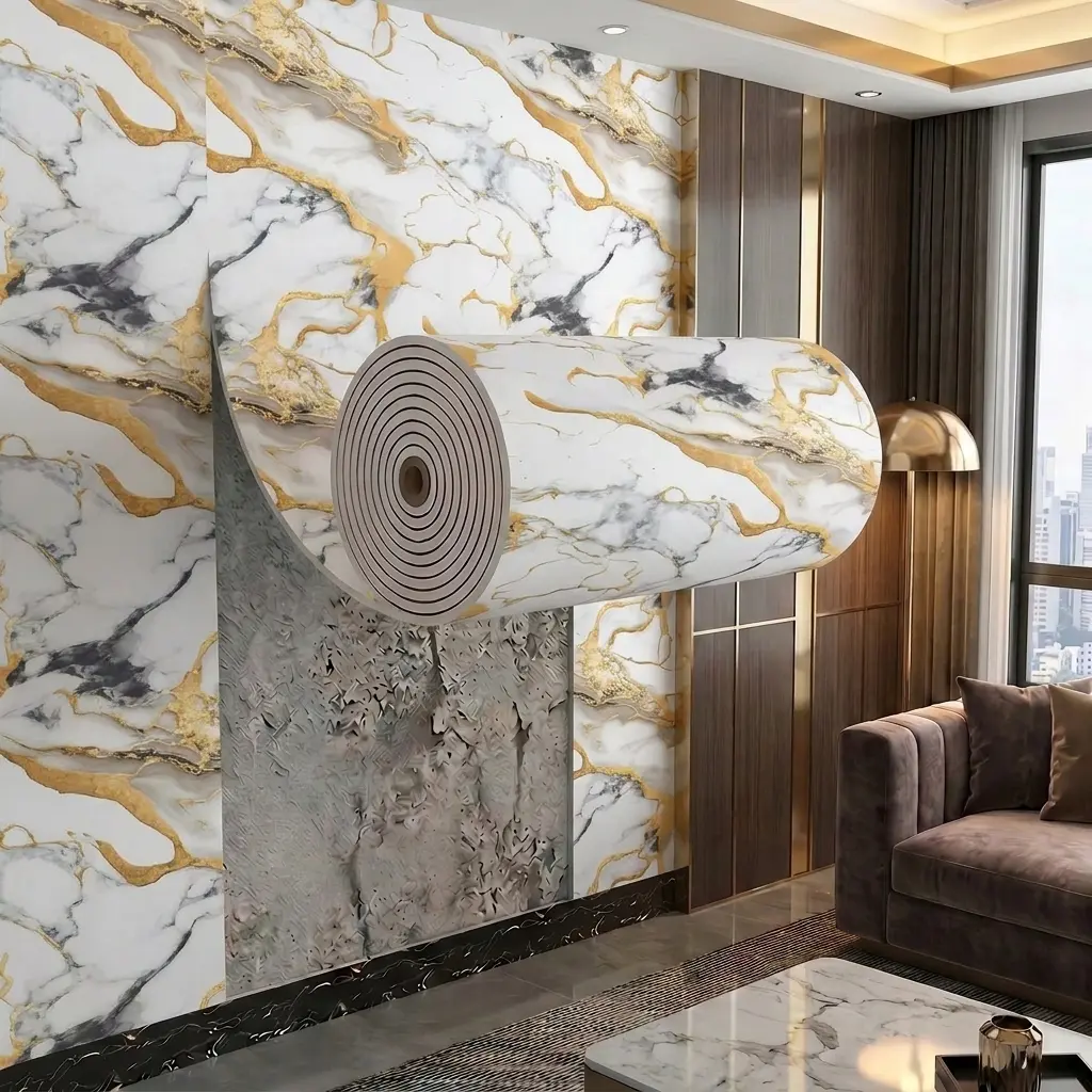 Extra Thick Marble Pattern Peel-and-Stick Wallpaper Roll, 47" x 118" / 23.62in*118.11in/60cm*300cm, 0.1in Self-Adhesive, Oilresist, Heat-Resistant, Wipeclean Marble Backsplash Wallpaper for Kitchen, Living Room Decor