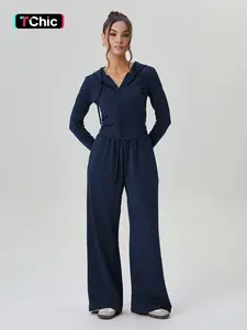 Women's Sporty Hooded Zipper Elastic Long Sleeve Top & Wide Leg Pants Set, Casual Fashion for Daily Wear, Tracksuit Set