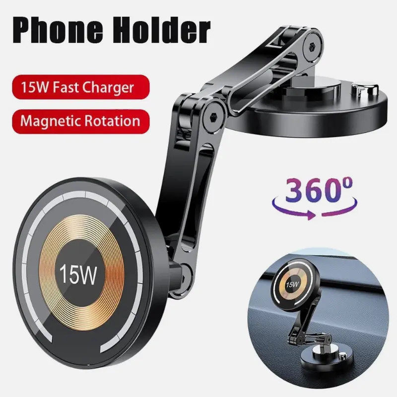 MagSafe Car Phone Holder - 15W Fast Charging Car Phone Stand, 15W Power Snap-On Magnetic Charger, 360° Rotation, Flexible Arm Adjustable Mounts & Holders, Dashboard Mount Auto Gadgets for Dash & Window