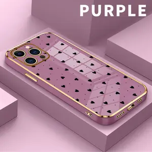 Electroplated Golden Edge Phone Case for iPhone 15 Plus 16 Pro Max 14 13 12 11 XR XS Heart Dots Pattern Full Body Protection Shockproof Soft Silicone Cover