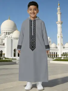 punch monkey Boys' Traditional Ethnic Hooded Thobe, Grey with Black Embroidery Middle Eastern Style Modesty Kids' Wear