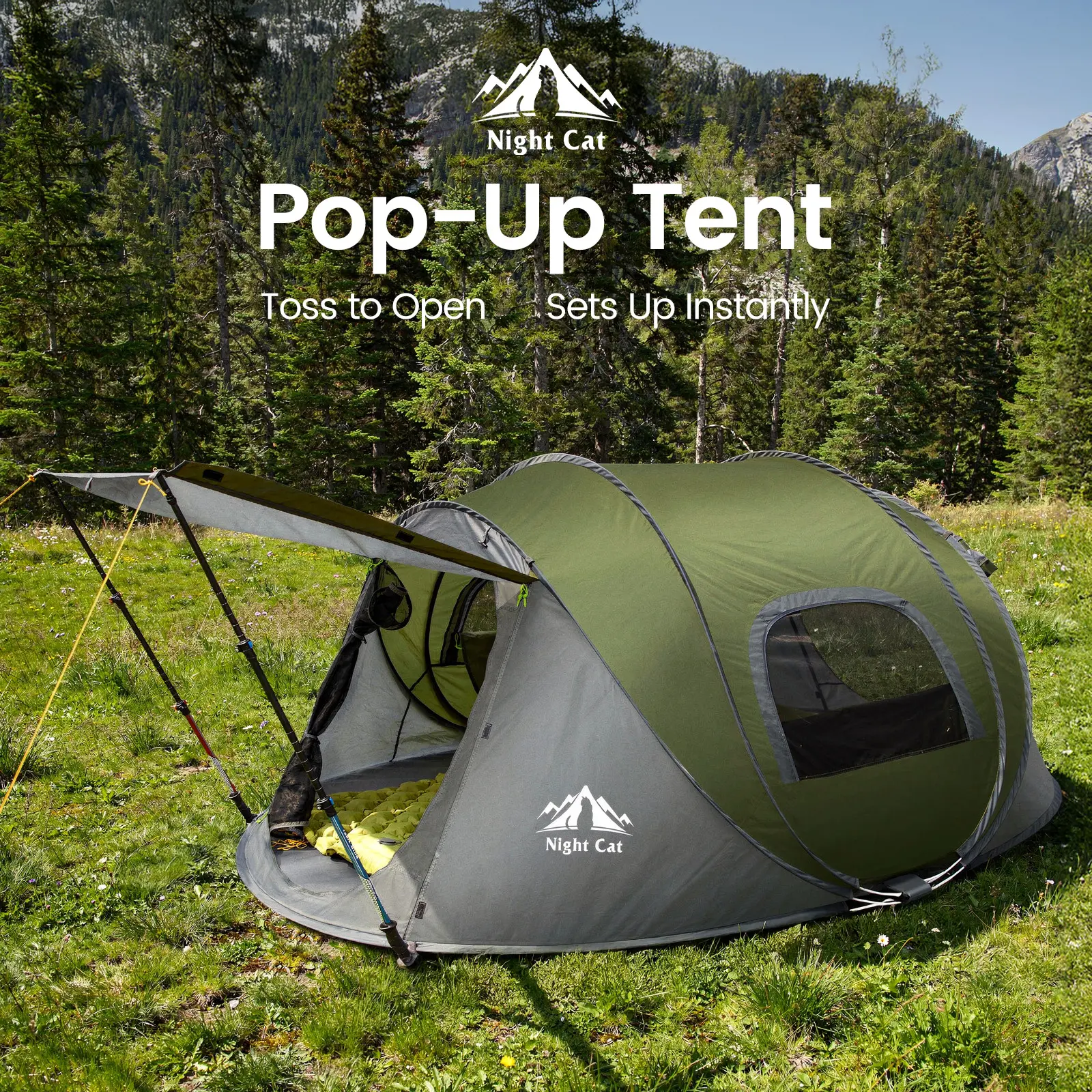 Night Cat Instant Pop-Up Beach Tent - 3-Second Setup, 40% Smaller Pack Size, 9.5'x6.6'x4' 2-4 Person with Porch, 3000mm Waterproof Camping Tent for Beach, Backyard, tiktokshopspringglowup summervibes, Camping Tent For 2