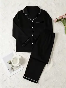 Comfortable Valentine's Satin Sleepwear Set, Soft Long Sleeve Button Up Top, Elastic Waist Pants, Casual Wear for Women