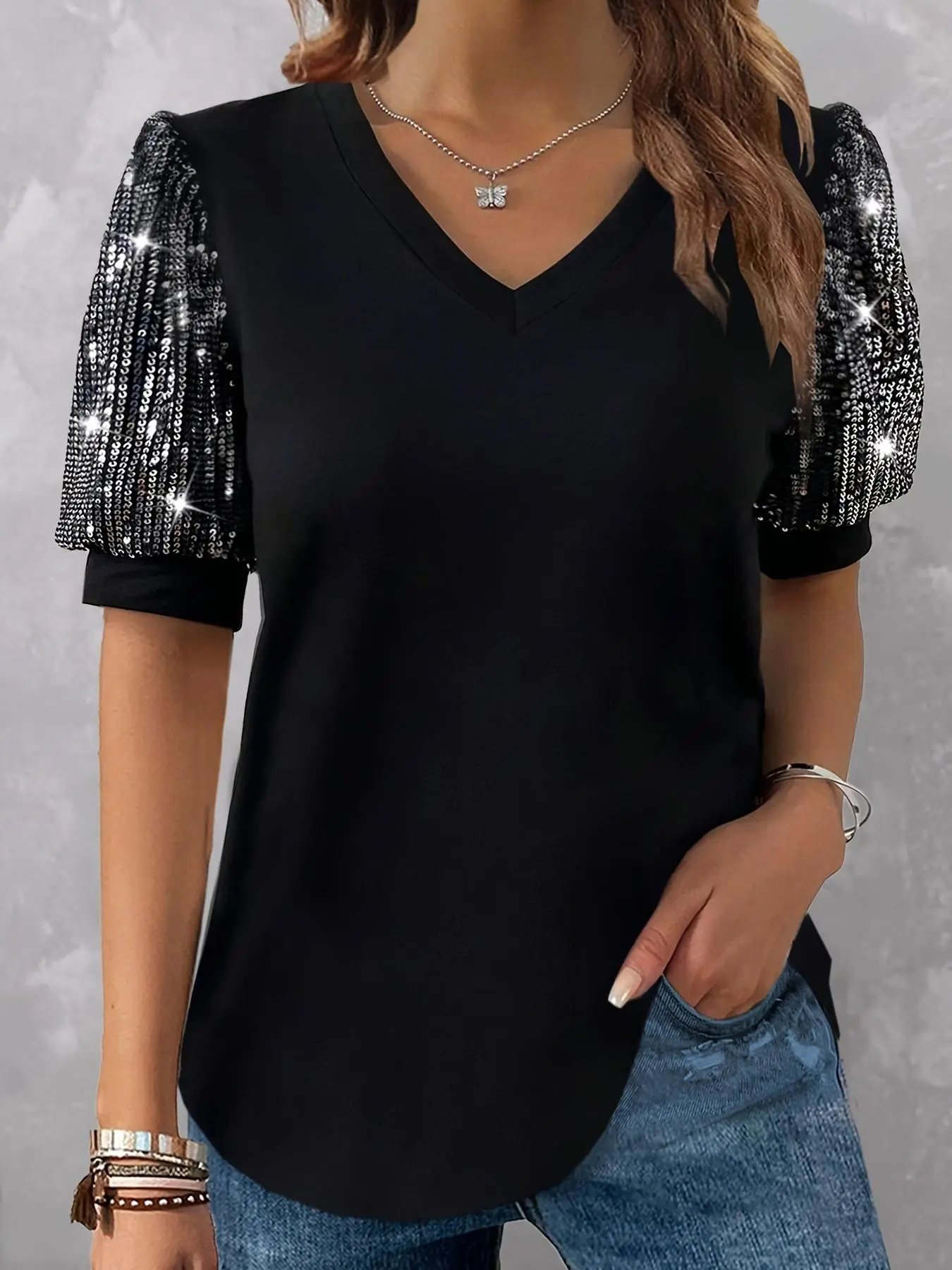 Plus Size Contrast Sequin V Neck Puff Sleeve Tee, Summer Clothes Women, Fashion Casual Basic Short Sleeve T-Shirt for Daily Holiday Vacation Outdoor Wear, Women Plus Clothing for Summer, Tops, Womenswear, Lady