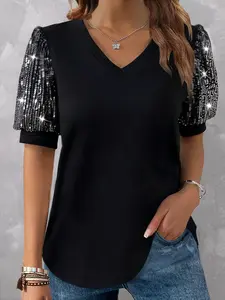 Plus Size Contrast Sequin V Neck Puff Sleeve Tee, Summer Clothes Women, Fashion Casual Short Sleeve T-Shirt for Daily Holiday Vacation Outdoor Wear, Women Plus Clothing for Summer, Tops, Womenswear, Lady