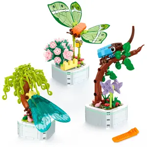 Insect Collection Building Set, Fun Gift for Nature Lovers and Kids 6+, 3-Pack Potted Flower Insect Building Block Toy with Butterfly, Cicada, Rhino Beetle.