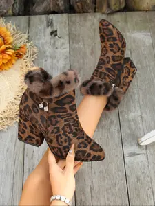 Women's Fashion Leopard Print Fur Short Boots, Classic Warm Winter Shoes, Stylish and Cozy, Perfect for Fall & Winter