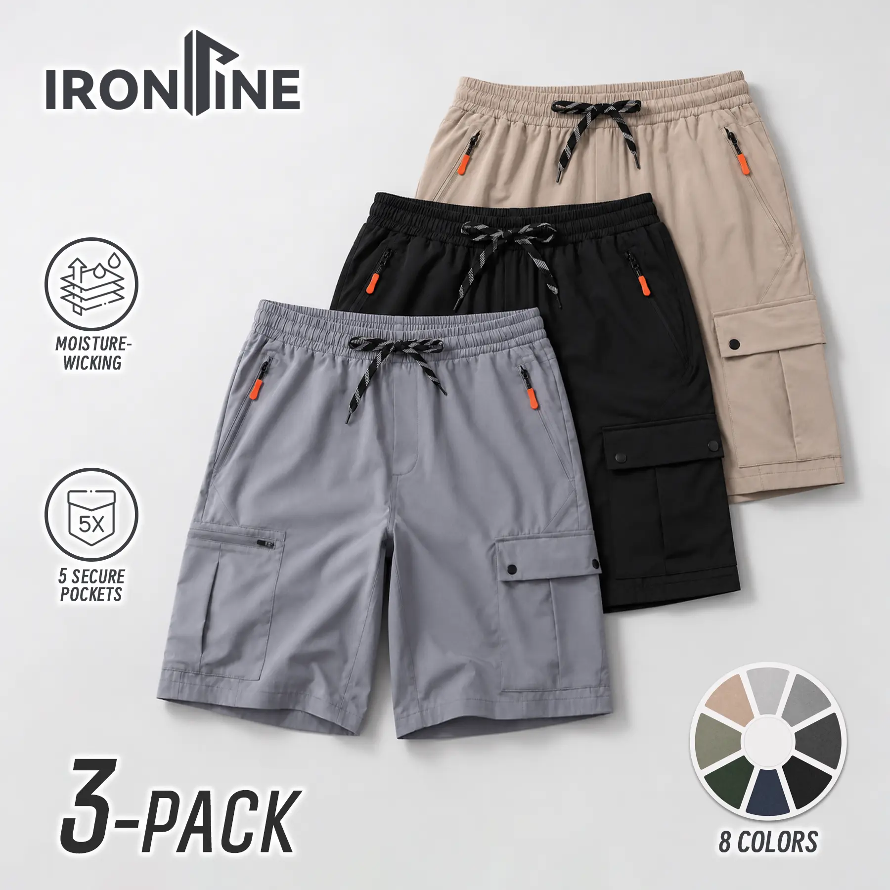 3 Pack Men’s Cargo Shorts Quick Dry Lightweight Stretch Hiking Shorts for Men with Zipper Pockets Elastic Waist Athletic Outdoor Casual Shorts for Fishing Camping Running Gym Travel Breathable Tactical Multi Pocket Summer Shorts No Lining