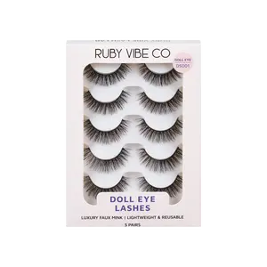 [RUBY VIBE CO] Sweet Doll DS001 Natural Doll-Eye Lashes with Faux Mink Fibers Soft Black Band 5 Pairs Lightweight Reusable russian curl