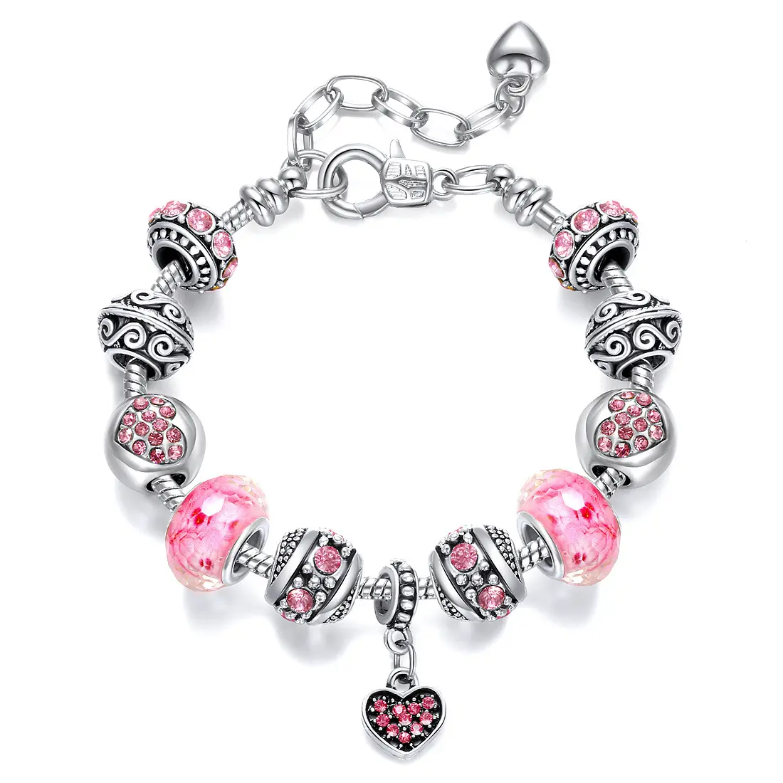 Women’s Vintage-Inspired Pink Beaded Charm Bracelet with Heart Charm, Romantic Statement Piece, Costume Jewelry for Vintage Lovers, Charm Bracelets