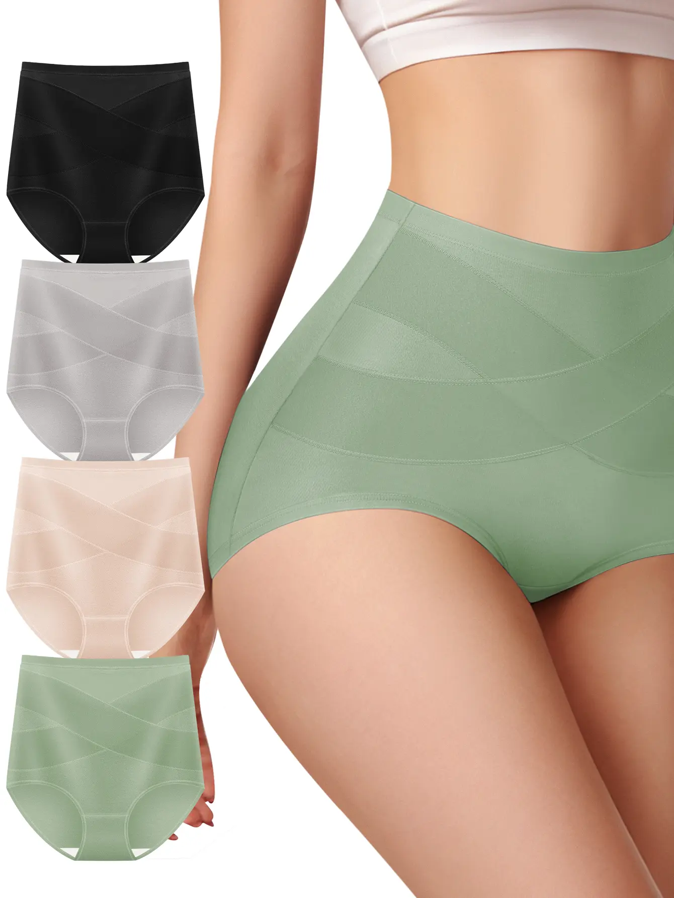 Women's High-Waist Basic Solid Cotton Panties - 4/8Pcs Family Underwear for Women, Slimming Breathable Cross-Waist Tummy Control Shapewear, Everyday Casual Fit, Hand Wash Only, No Dry Clean