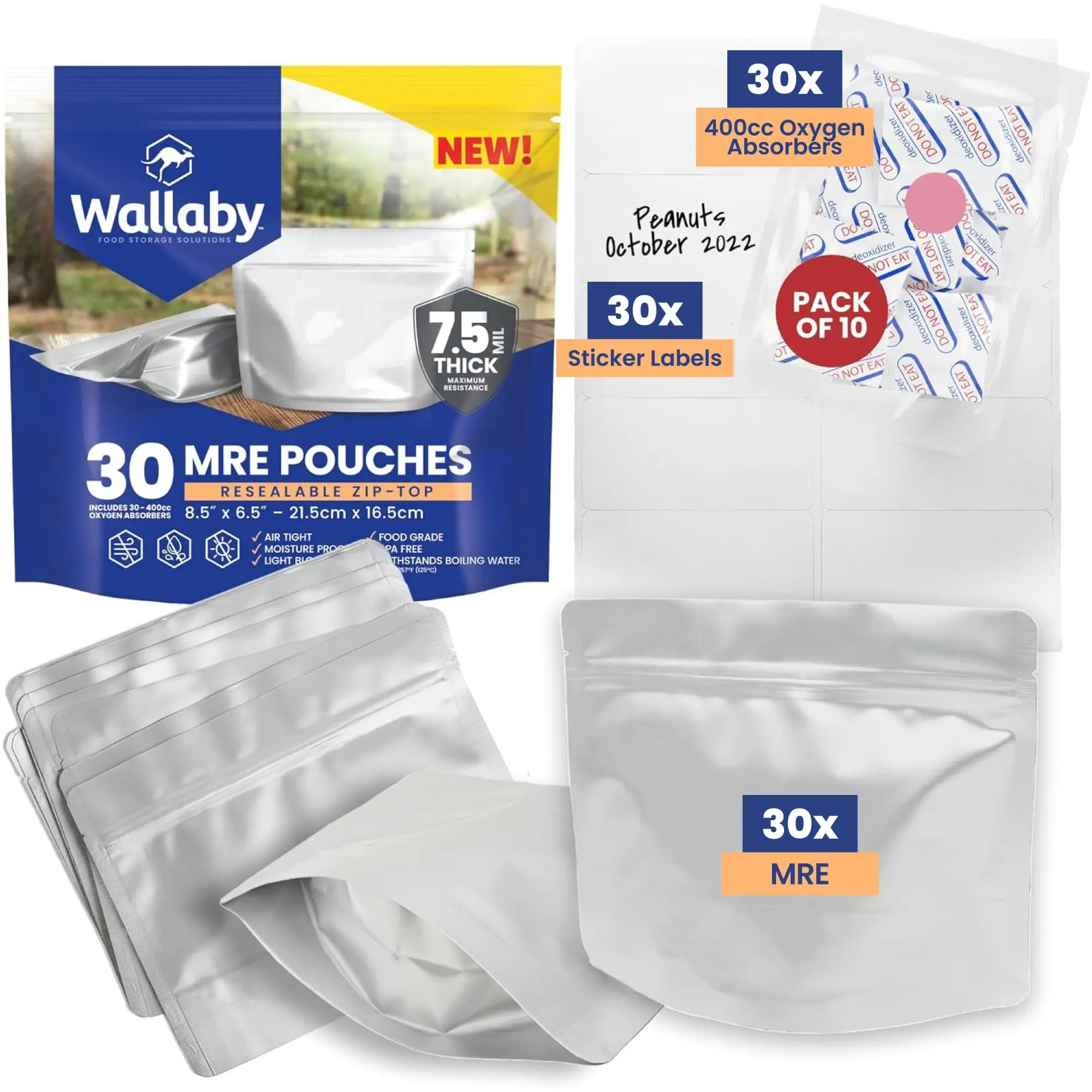 Wallaby MRE Mylar Heat-Sealable Storage Bags Bundle - 30 Count, 15 Mil Thick, 400cc Oxygen Absorbers, Food Grade Bags, Waterproof Durable Aluminium Containers, Lightweight Resealable Pouches for Homemade, Backpacking Stockup, Silver