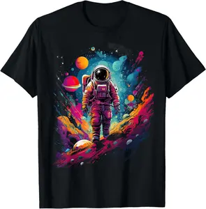 Women's 100% Cotton Short-Sleeve Round Neck Lightweight T-Shirt - Breathable Casual Streetwear Top with Astronaut and Planets in Galaxy Design