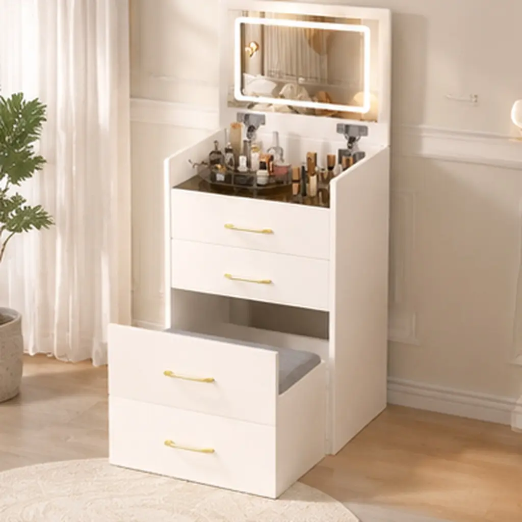 3-in-1 Vanity Desk Set with Open Top Mirror and Visible Glass Desktop, Small Makeup Dressing Table with 3 Drawers, Compact Cosmetic Organizer for Bedroom, White Finish, Modern Design, Living Room Table for Sofa Side, Bedroom, Office