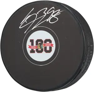 Connor Bedard Chicago Blackhawks Autographed 100th Anniversary Season Hockey Puck - Fanatics Authentic Certified