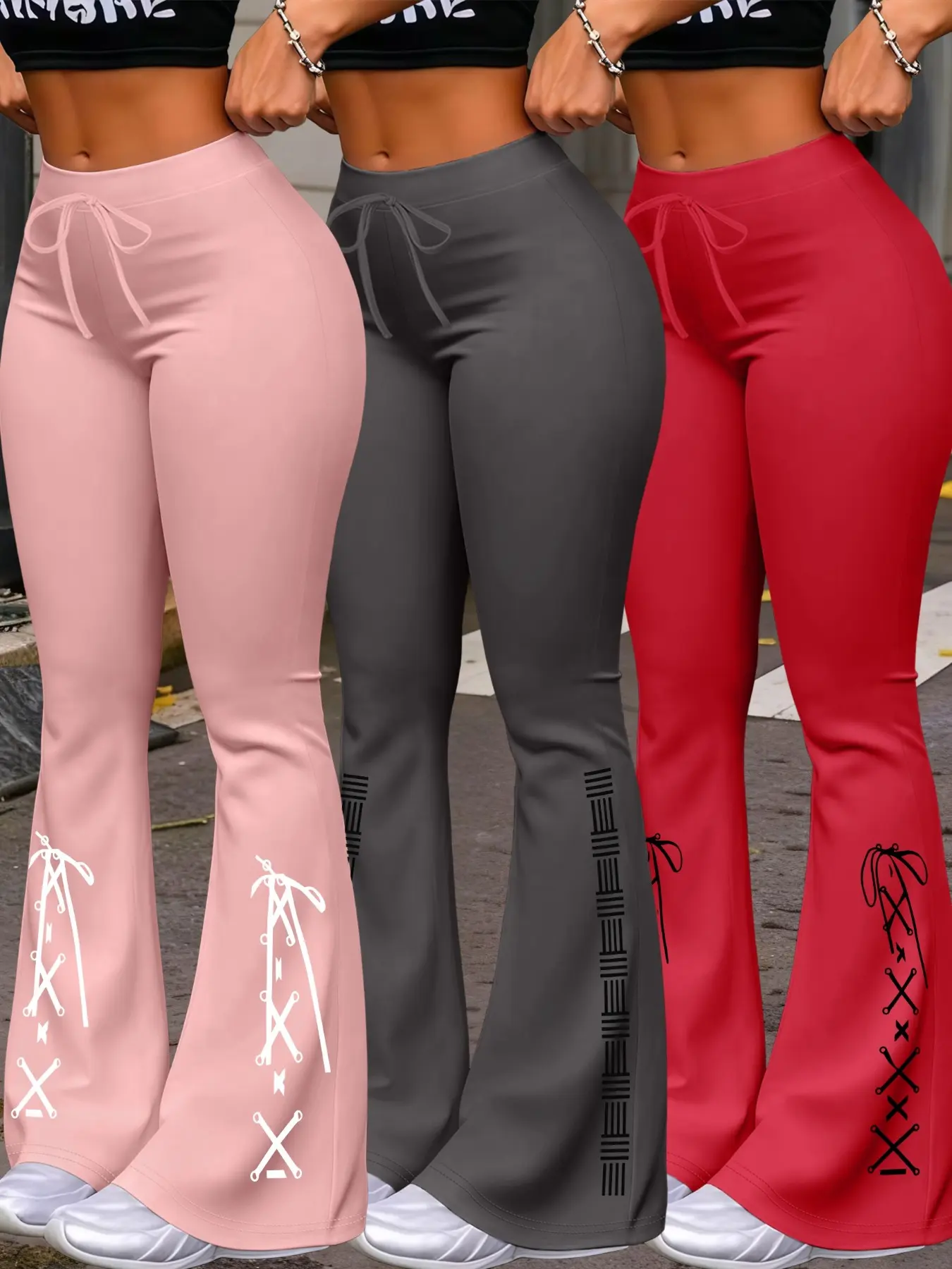3 Pack Casual Long Pants with Drawstring Waist, All Season Milk Silk Athletic Yoga Pants for Women, Yoga Training Pants, Printed Flare Leg Jogging Trousers, Drawstring Waist Athleisure, Fitness Workout Pants, Gym Sportswear Bottoms, Casual Sporty Pants