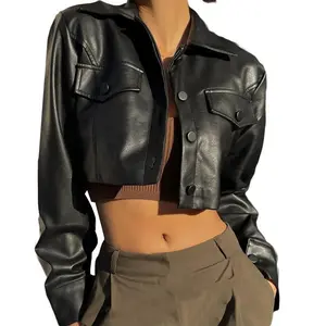 New Women Ladies Girls Black Crop Leather Jacket Solid Color Casual Long Sleeve Button Down Jacket Fall Outwear
