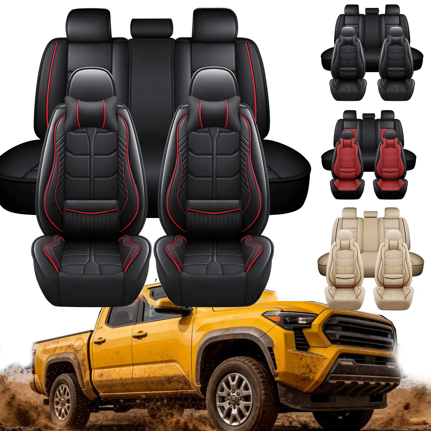 5 Seats Full Set Car Seat Covers, Nappa Leather Cushion Protectors,40/60 Split Front and Rear Bench Seat,Full Surround Car interior Cushions, Universal Fit for Cars Sedans SUVs,For Toyota Tacoma/ 4Runner/ RAV4 /Honda /Hyundai/Elantra/Tucson/Sonata/Accent