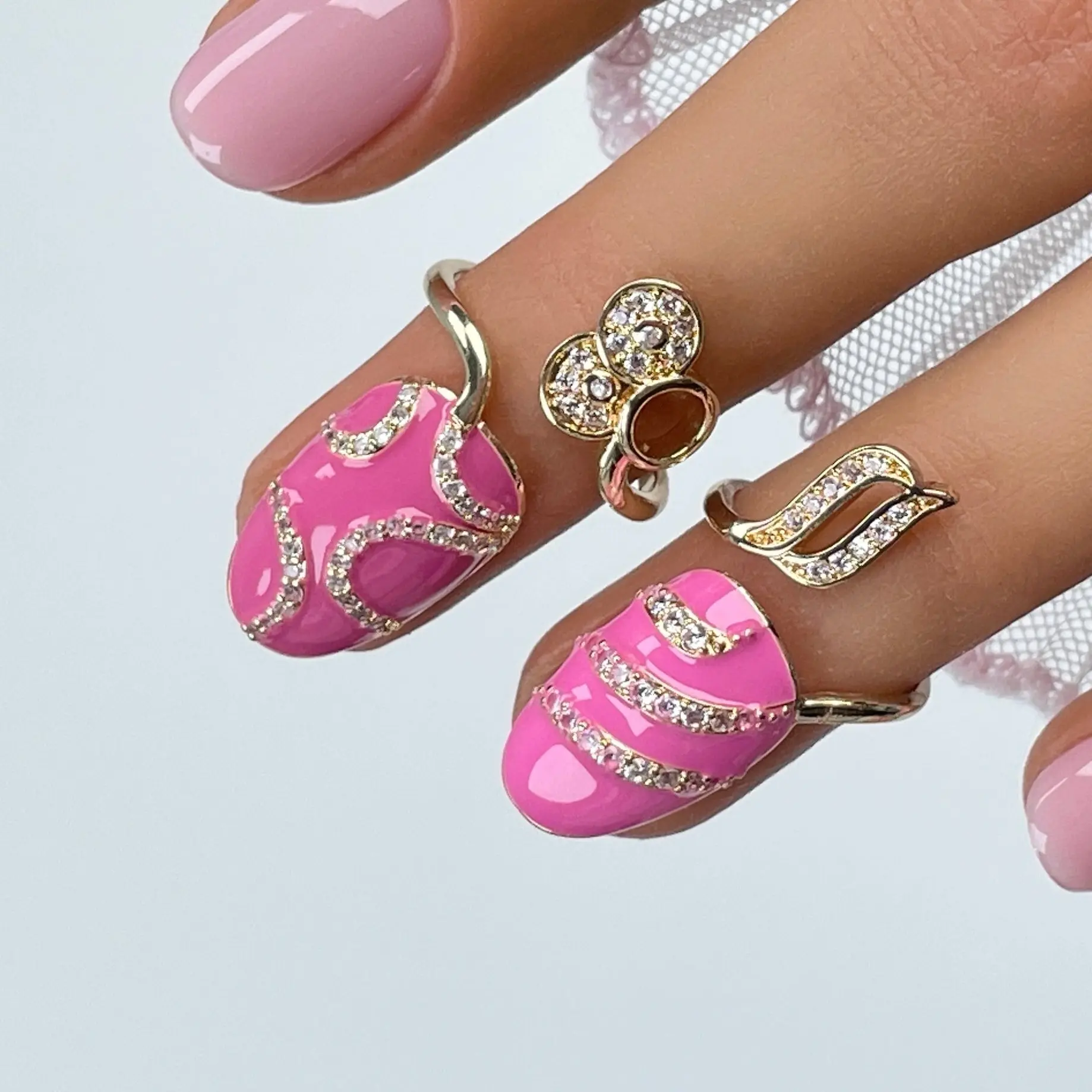 Crystal Gold Nail Ring - Adjustable Pink Fingertip Jewelry, Wudu-Friendly