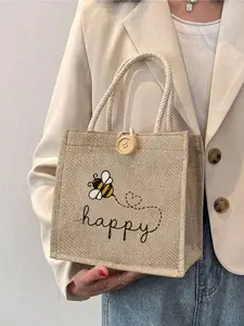 Women'S Multifunctional Tote Bag, Casual Trendy Bag, Honey Bee Bag, Printed With Cute Bee And Heart Patterns, Holiday Style Letter Design Shopping Bag, Suitable For Weddings, Birthdays, Linen Handbag, Teacher'S Day Gift Bag