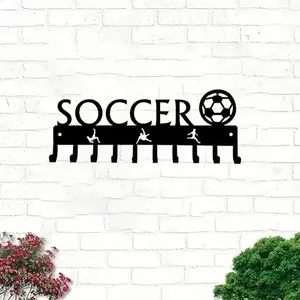 Soccer Themed Metal Wall Home Storage Hook Rack, Durable Iron Art Wall Mounted Medal Organizer, Home Decor Decoration for Living Room Bedroom Study Room, Shelves