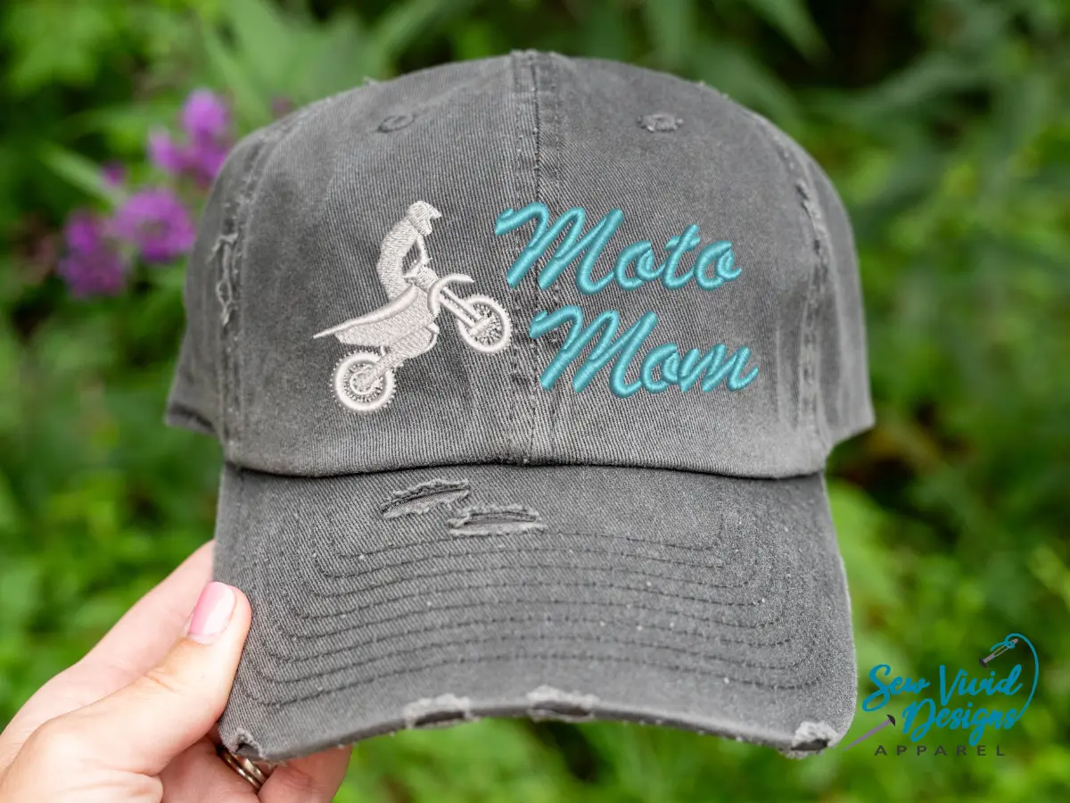 Moto Mom Hat | DISTRESSED Baseball Cap OR Ponytail Hat | Custom Embroidered Cap for Motocross Mom with a Dirt Bike | Personalized Motocross