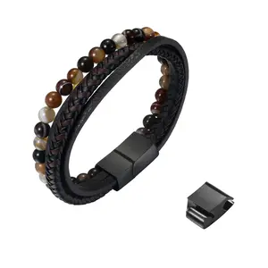 OIDEA Men's Multilayer Braided Leather Natural Stone Bracelet - Extended Magnetic Clasp (0.55 inches width, 0.96 oz), Adjustable Wristband (7.28 inches inner circumference), Tourmaline Lava Matte, Gold & Silver Hardware