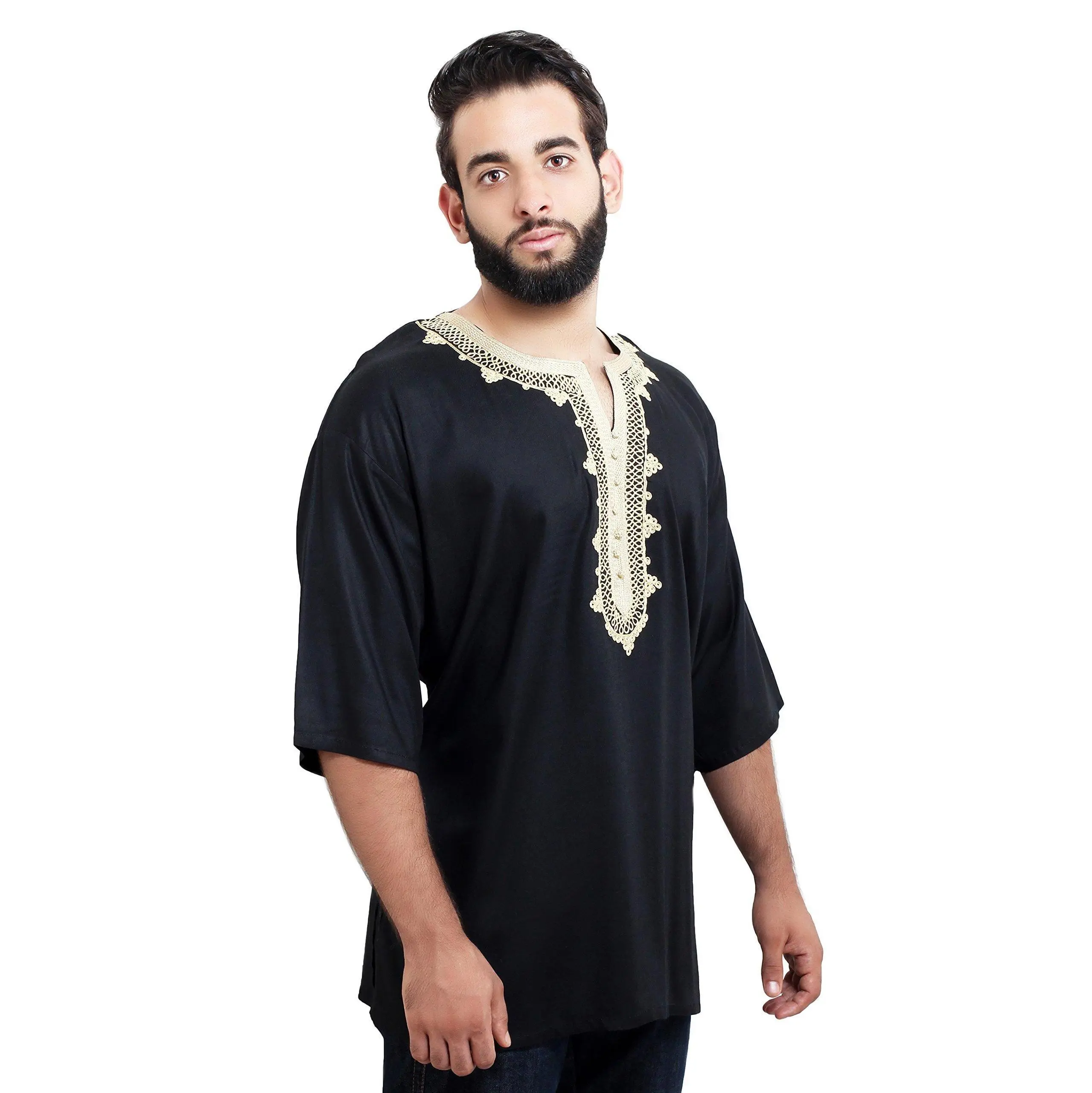 Moroccan Men Tunic Caftan Breathable Fiber Cotton Handmade Embroidery Ethnic Black
