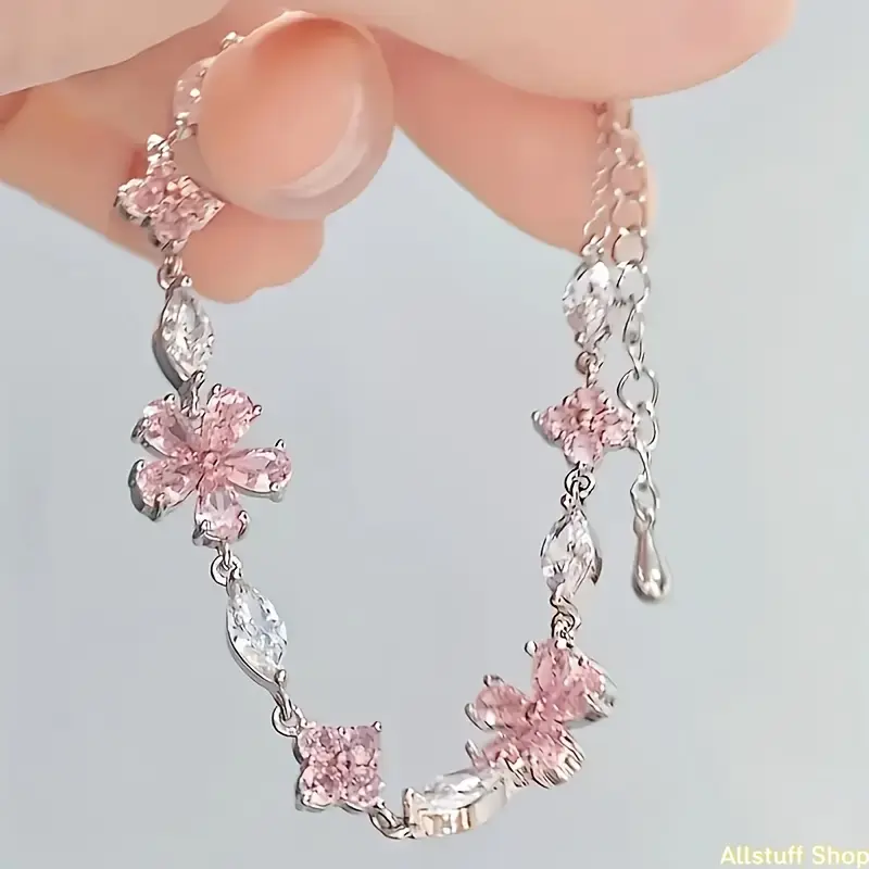 Women's Pink Cherry Blossom Charm Bracelet - 1pc Adjustable Square Petal Chain Jewelry, Fashionable Exquisite Accessories, Ideal Mini Cute Girly Holiday Gifts, Jewelry For Women, Accessories For Women