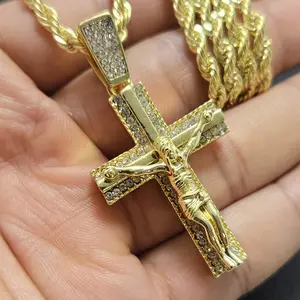 MaxBling81 Iced Out Cross Charm Necklace, Hip Hop Jesus Crucifix Pendant with Cubic Zirconia, Unisex 4mm Rope Chain 18-24in, Cross Design