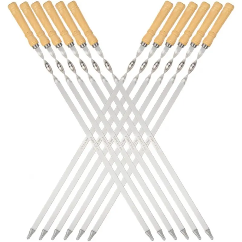 12PCS 22" Flat Metal Kabob Skewers Set with Wooden Handle, Food-Grade SS Utensils, V-Tip Piercing, Reusable Wide Grilling Sticks for Meat, Shrimp, Sausage (Home Supplies BBQ Essentials)-L