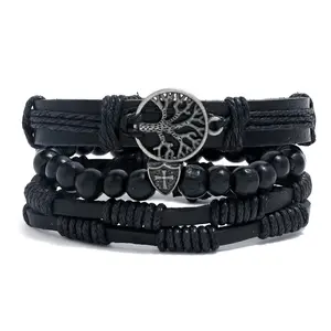 4Pcs/ Set Braided Wrap Leather Bracelets for Men Vintage Life Tree Rudder Charm Wood Beads Ethnic  Rope Bracelet