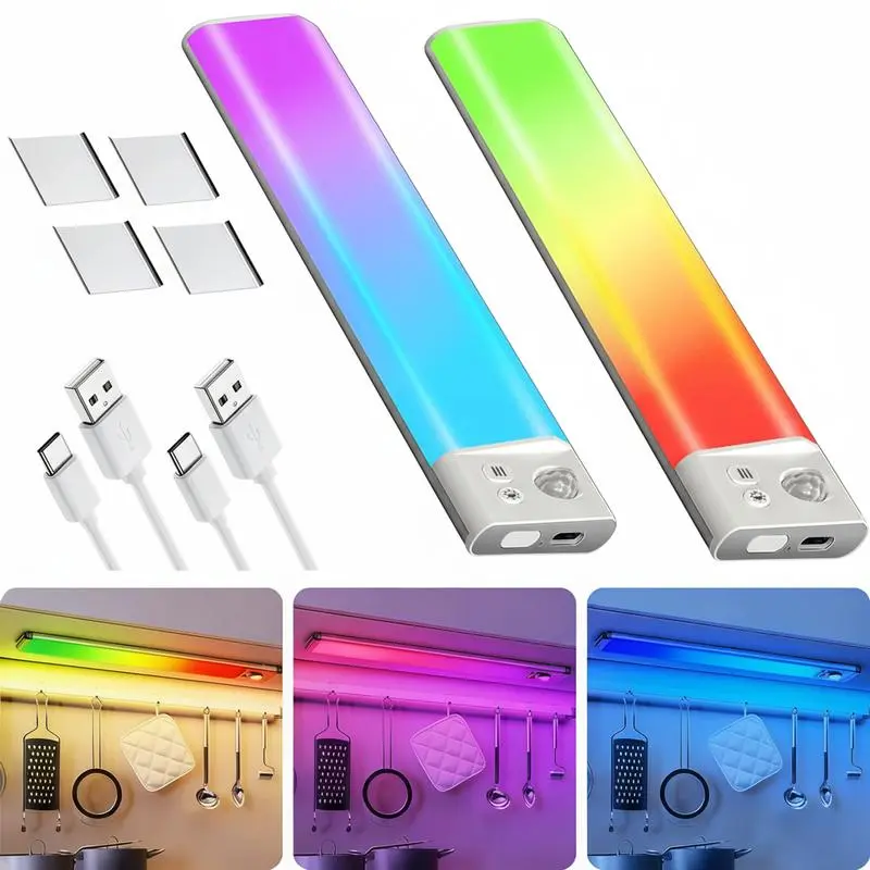 Ultimate RGB Motion Sensor Night Light Bar — Smart under cabinet lights with gradient RGB & soft white modes, 1500mAh rechargeable design, magnetic no-drill install, perfect for kitchen, wardrobe, stairs, bathroom and stylish holiday home décor, Led Light