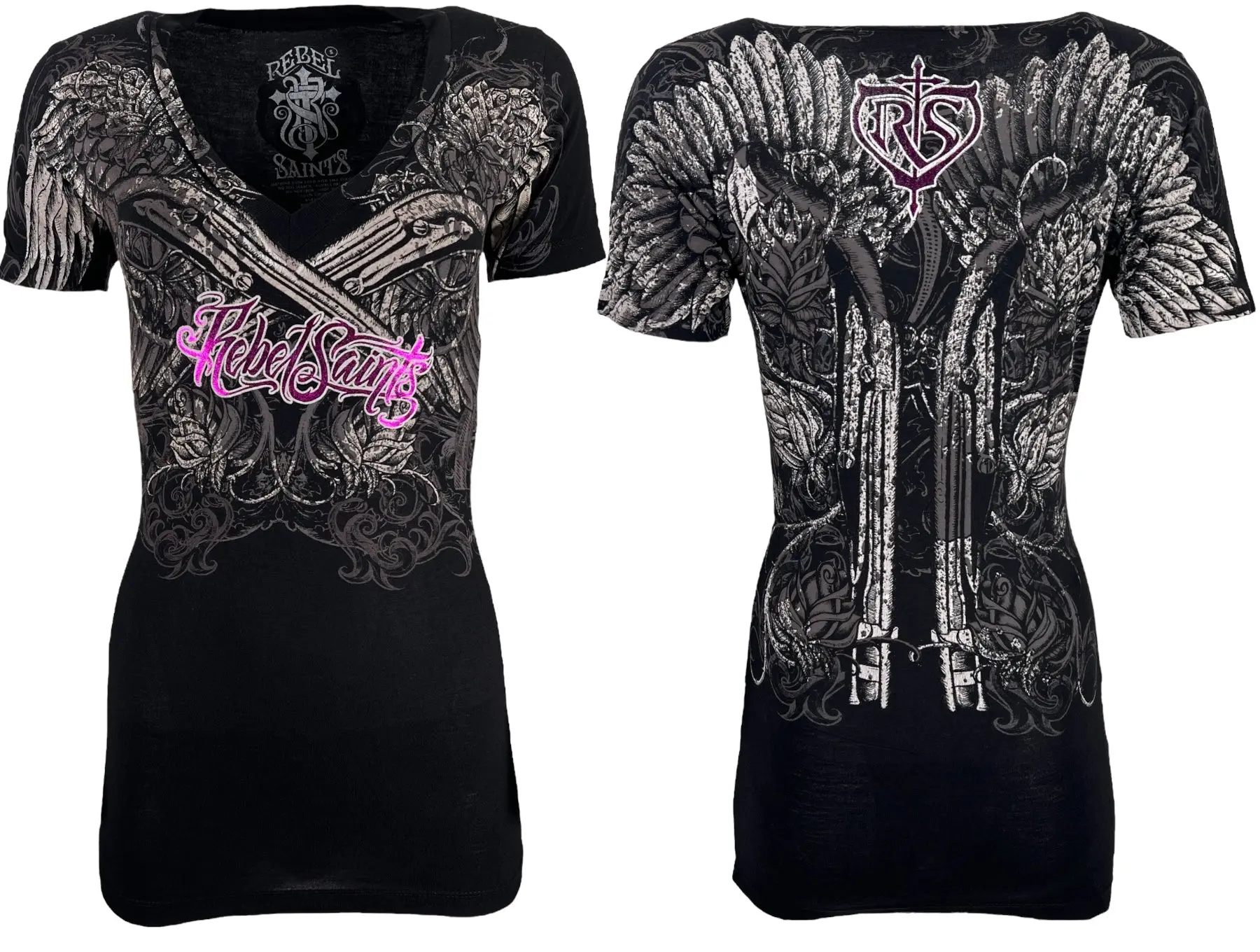 Affliction Rebel Saint Women's Fitted V-Neck Cotton Graphic Print Biker Short-Sleeve Streetwear Top - Casual Everyday Tops, Shirt