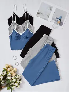 Women's Contrast Binding Lettuce Trim Pyjama Set, Adjustable Spaghetti Strap Crop Cami Top & Bow Decor Elastic Waist PantsSet, Casual Comfy Fit Loungewear Set for Women, Nightwear for Women Pajamas