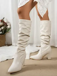 Cream Leather Boots, Soft Texture, Natural Wrinkles, Pointed Toe, Thick Heel, Leg-Lengthening, Versatile Fashion Style