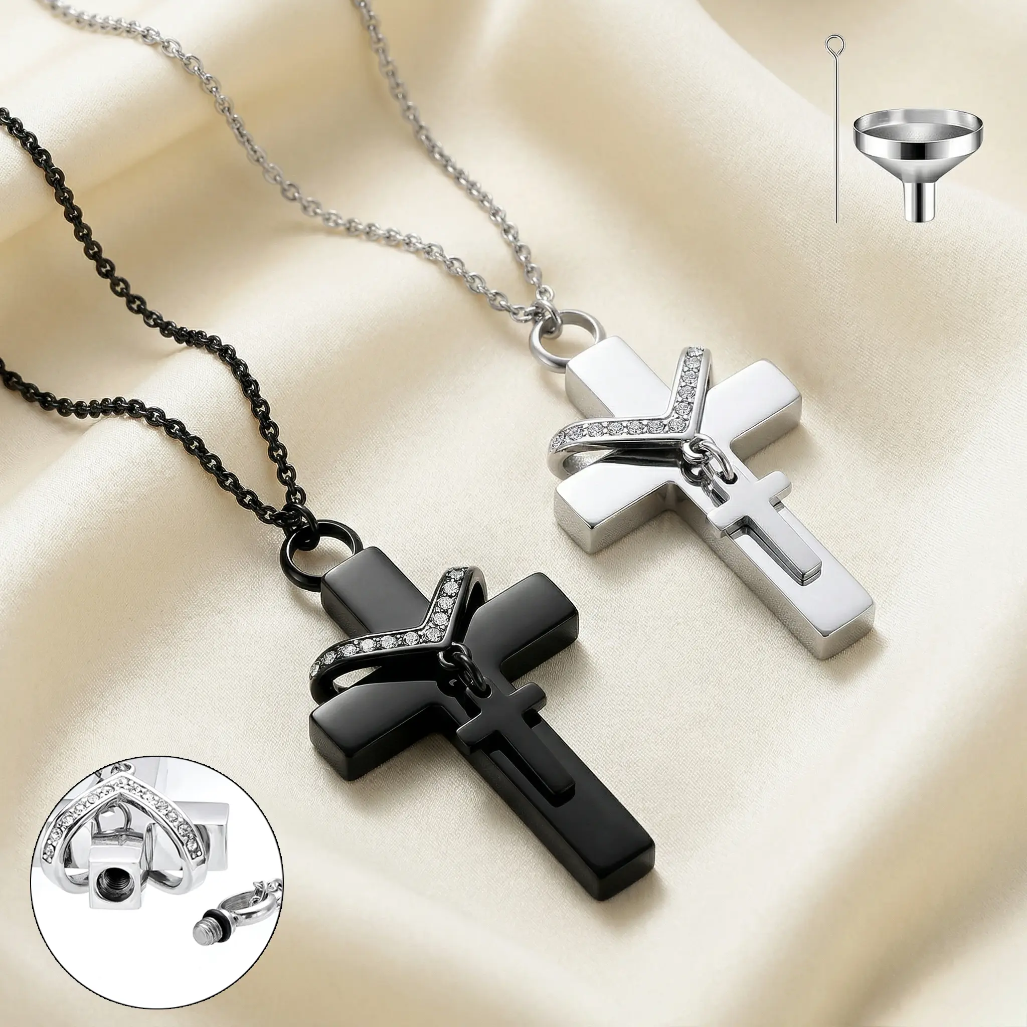 EIGIIS Cross Urn Necklace for Ashes - Stainless Steel Double Cross Pendant with Rhinestone Acc., Steel Chain, Memorial Keepsake Locket for Human/Pet Ashes, Funnel Kit Included (Silver/Black) - Ideal for Anniversary Gifts