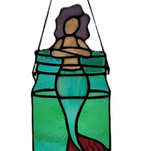 Stained Glass Handcrafted Mermaid Jar - Green Body, Blue and Green Color Palette, Green Hanging Design Decor Ornaments, Hangable Decoration - Tin