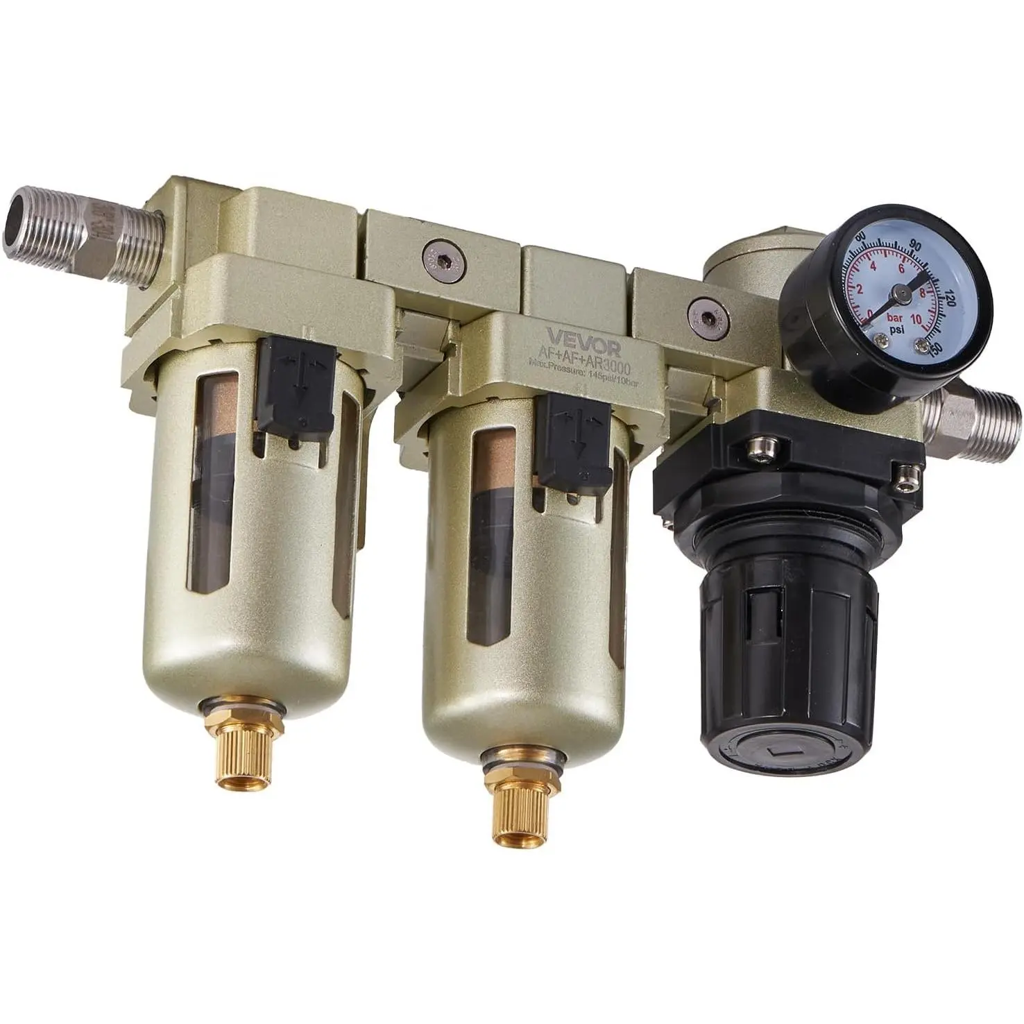 Air Compressor Filter Regulator, 3/8" NPT Dual Stage Air-Drying System with 25μm + 5μm Brass Filter Element, Semi-Auto Drain Air Compressor Water Separator 145PSI Max Working Pressure, Poly Bowl