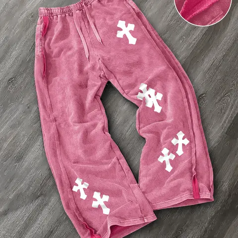 Men's Washed Cotton Fabric Elastic Straight-Leg Long Pants, Geometric Cross Print, Fashion Casual Comfortable Fit, Perfect for Daily Wear, Chic Comfy Pants